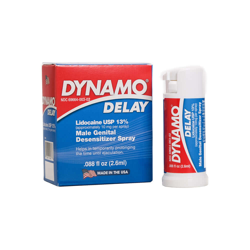 Dynamo Delay to Go Spray 0.88 Oz packaging and bottle, a portable desensitizer for confidence on the move.