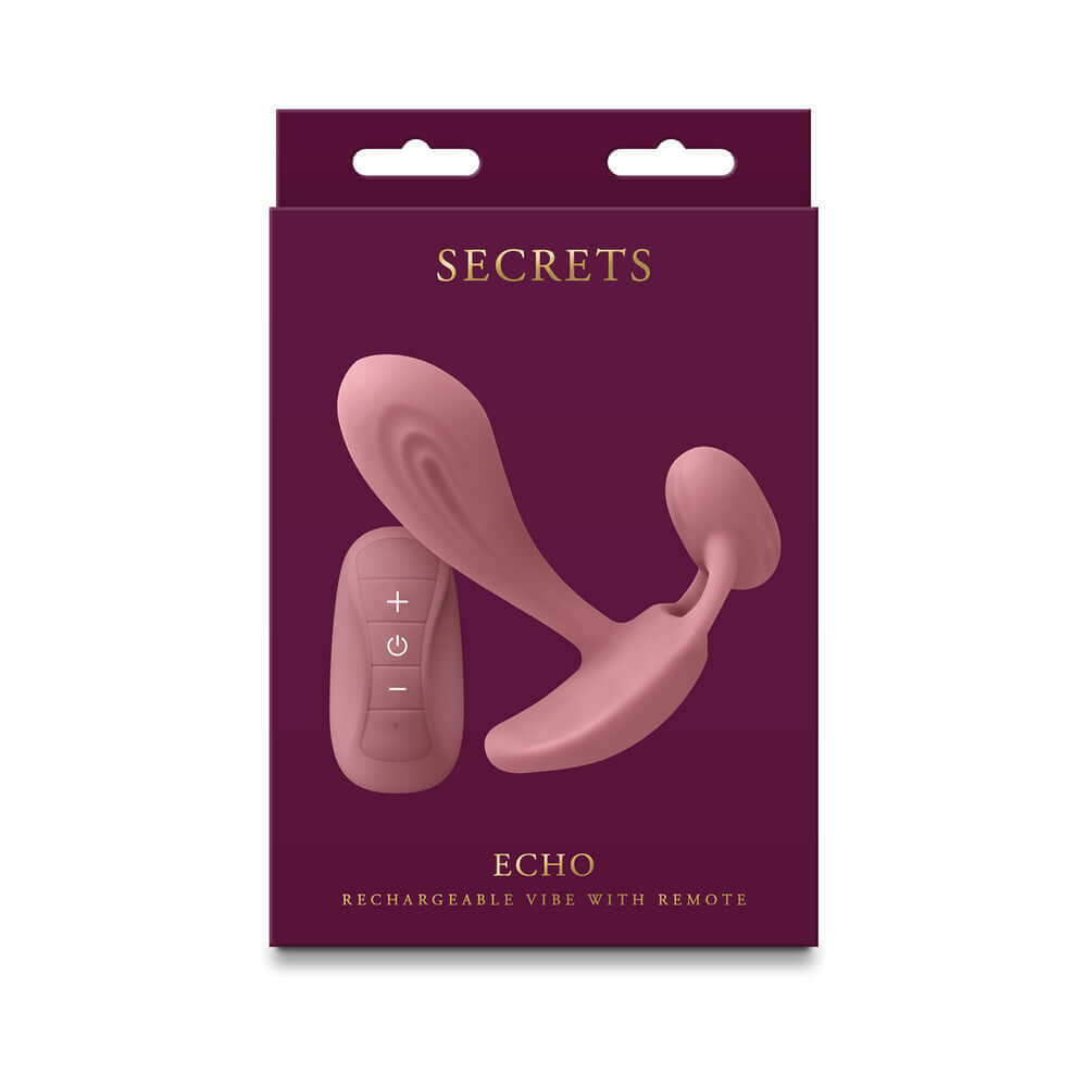 Secrets Echo Insertable Vibe with Remote Dusty Rose packaging featuring a sleek design and remote control.