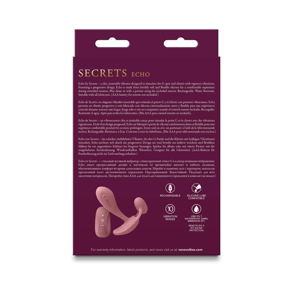 Secrets Echo Insertable Vibe with Remote Dusty Rose packaging back view, showcasing product details and features.