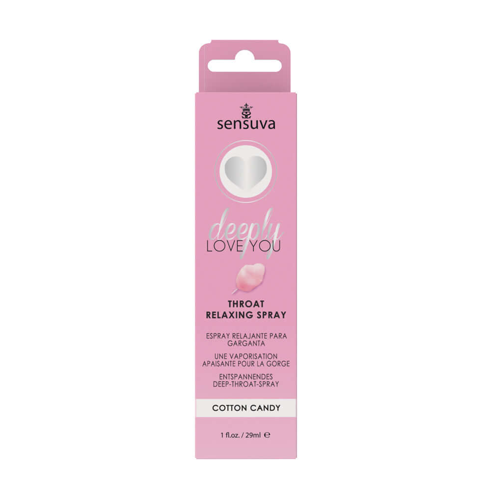 Sensuva Deeply Love You Throat Relaxing Spray Cotton Candy 1 Oz packaging designed for enhanced oral intimacy.