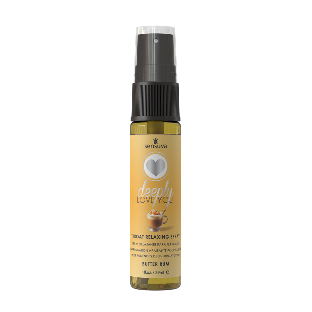 Sensuva Deeply Love You Throat Relaxing Spray Butter Rum 1 Oz in a spray bottle for enjoyable oral pleasure.