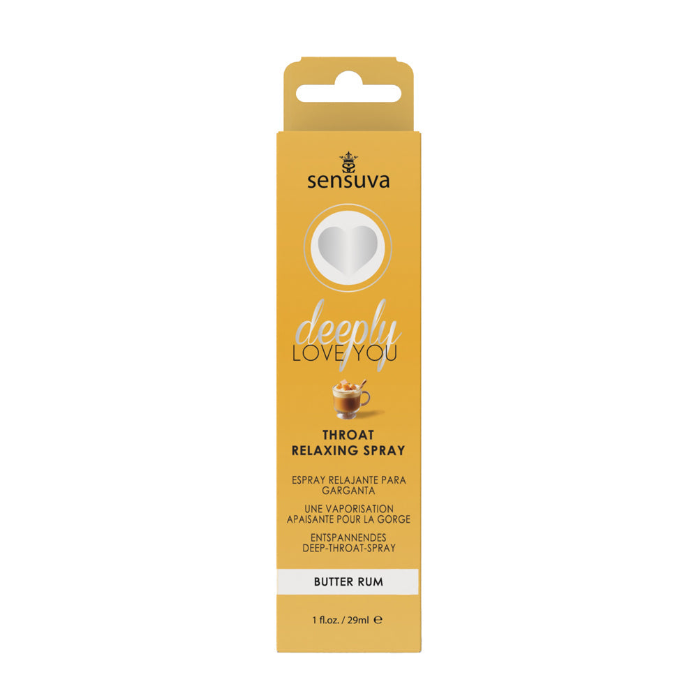 Sensuva Deeply Love You Throat Relaxing Spray Butter Rum 1 Oz packaging bottle with butter rum flavor design.