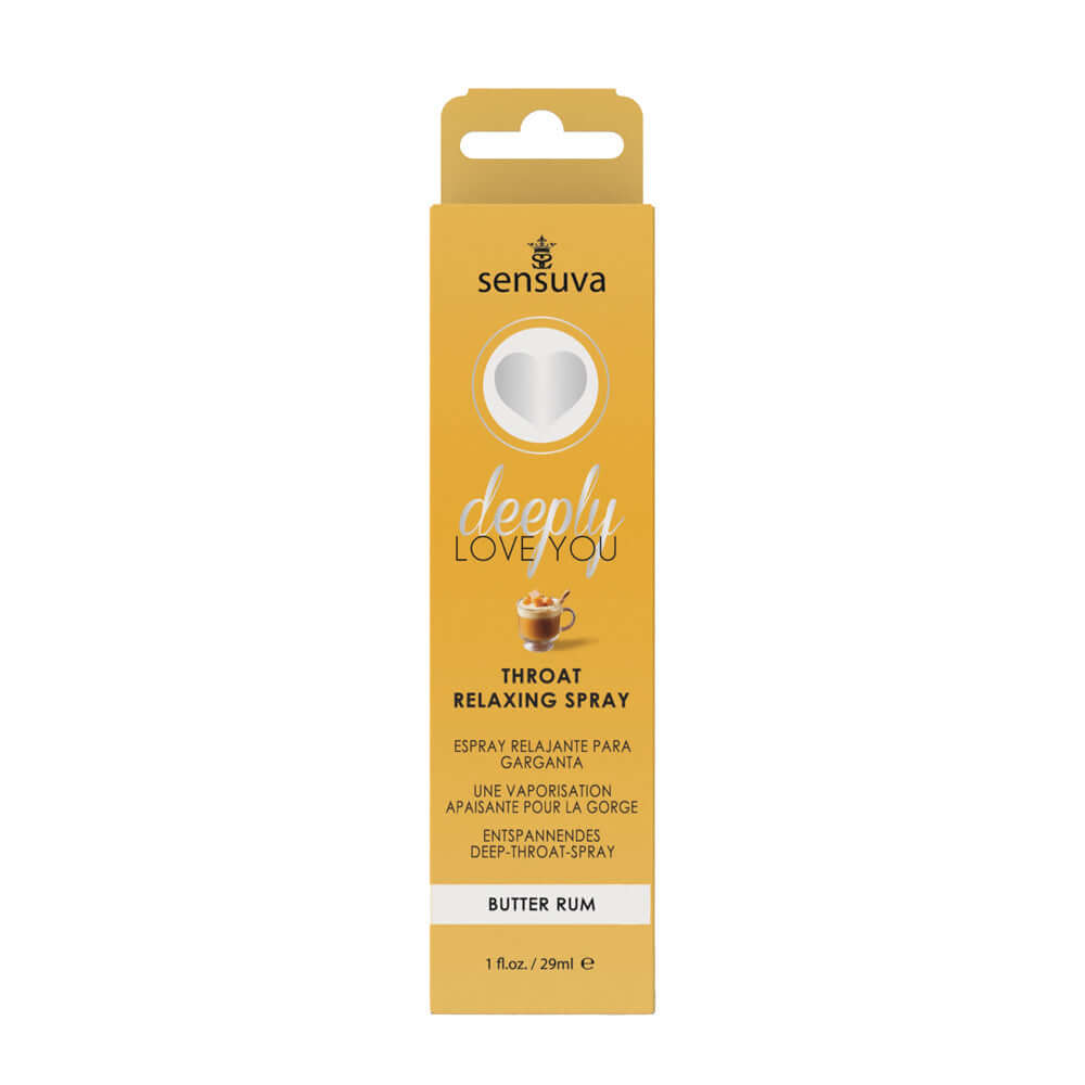Sensuva Deeply Love You Throat Relaxing Spray Butter Rum 1 Oz packaging bottle with butter rum flavor design.