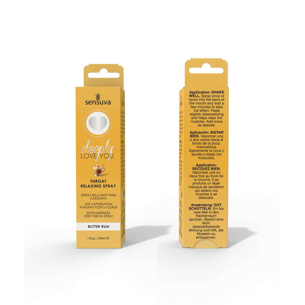 Sensuva Deeply Love You Throat Relaxing Spray Butter Rum 1 Oz packaging front and back view.