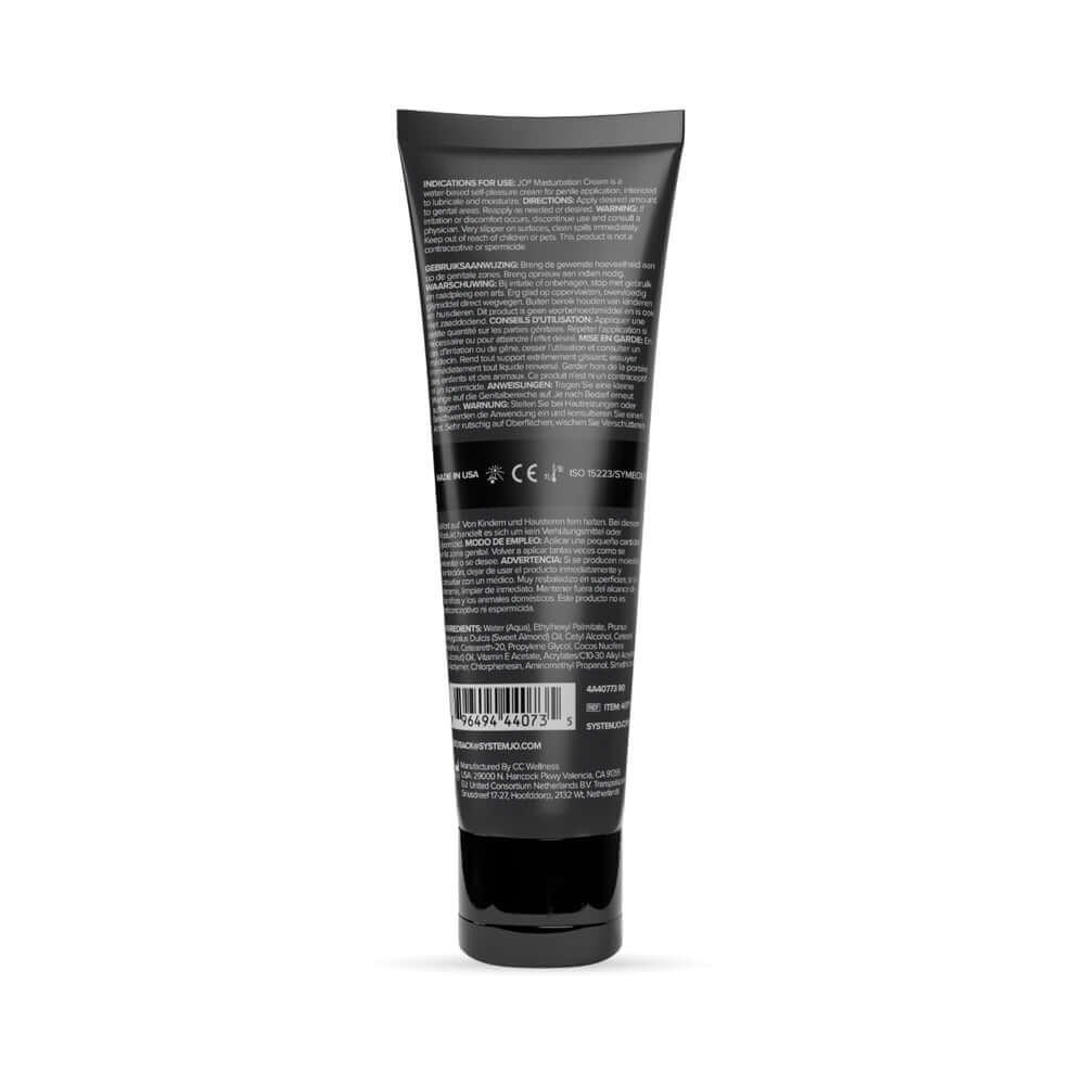 JO Masturbation Cream Hybrid 4 Oz back packaging with instructions and ingredients listed.