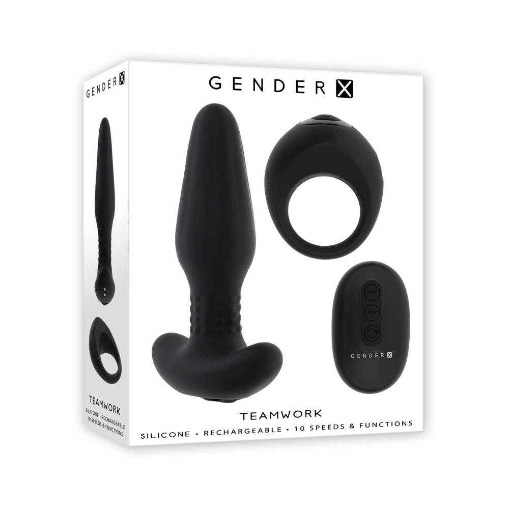 Gender X Teamwork Anal Plug with Remote Control Black - silicone anal plug and vibrating C-ring in a package.