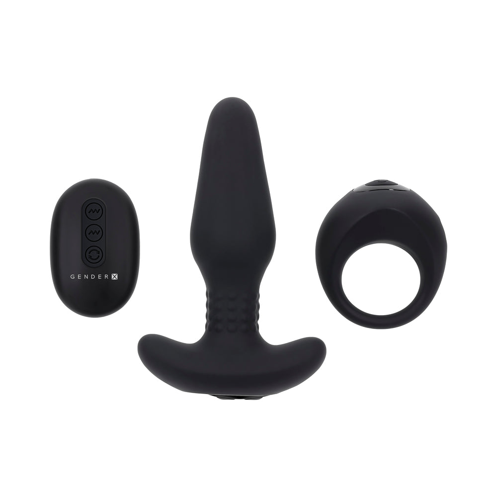 Gender X Teamwork Anal Plug with Remote Control Black, featuring an anal plug, C-ring, and remote control.