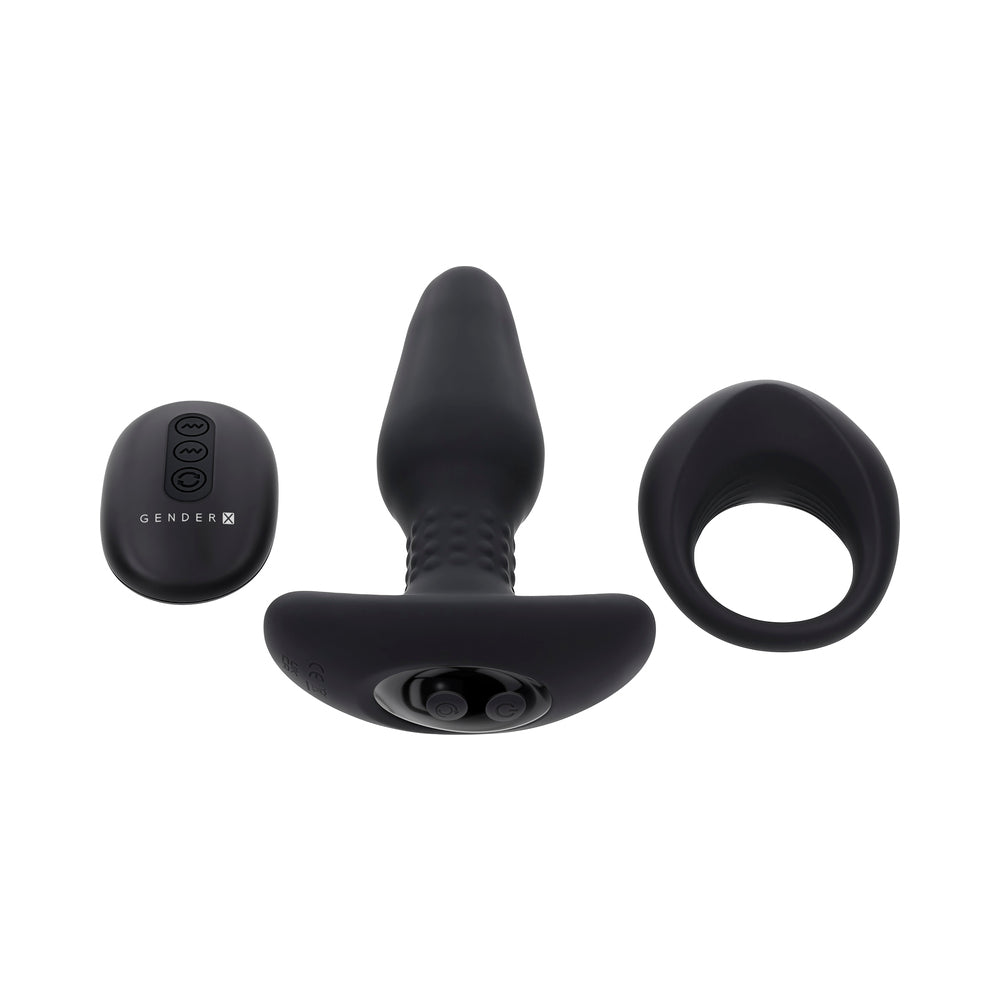 Gender X Teamwork Anal Plug with Remote Control Black set including anal plug, C-ring, and remote control.