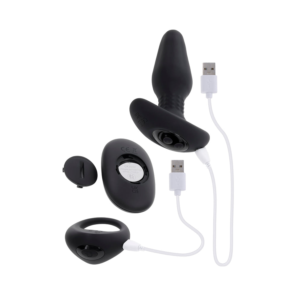 Gender X Teamwork Anal Plug with Remote Control Black with USB charging cables and remote.