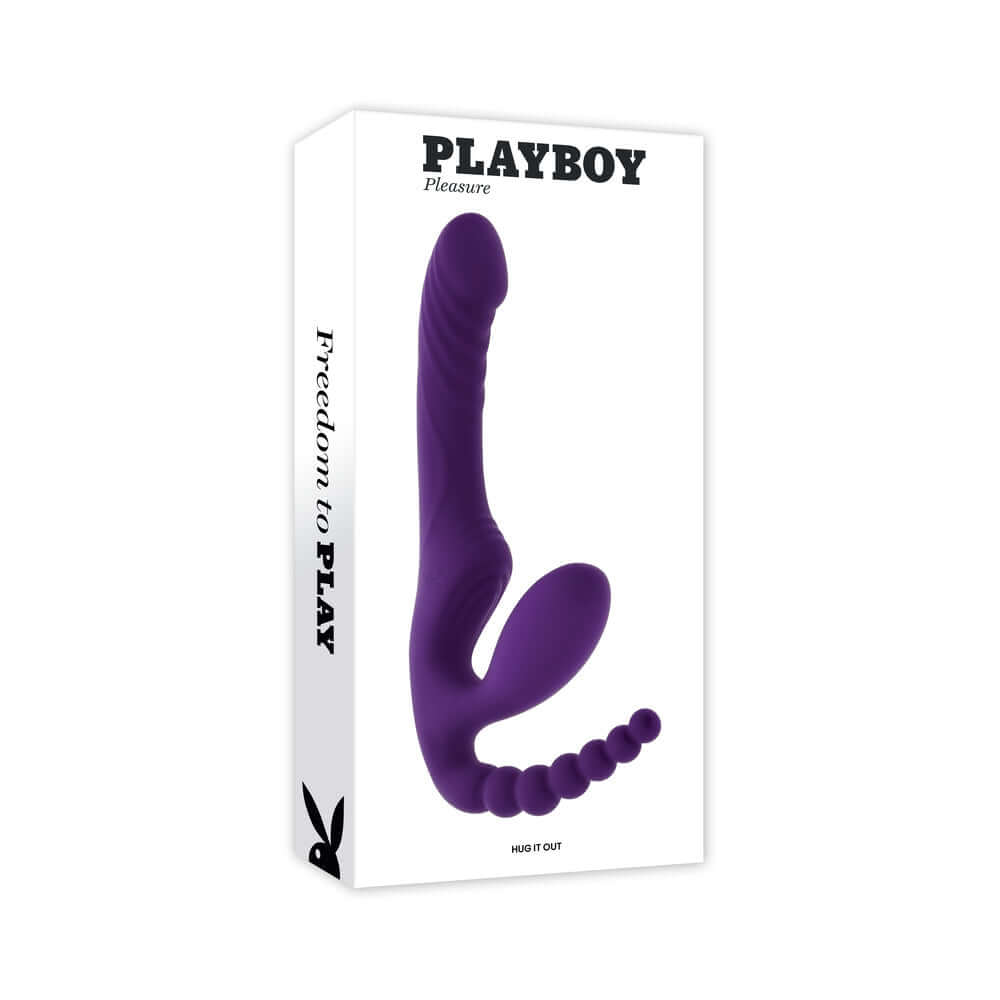 Playboy Pleasure Hug It Out Acai Massager in purple packaging showcasing triple-stimulation design.