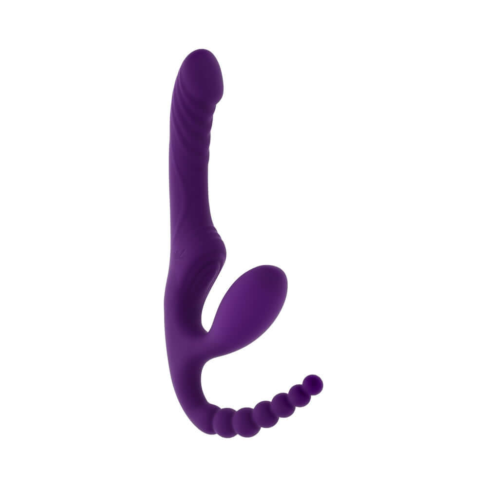 Playboy Pleasure Hug It Out Acai Massager in purple, designed for triple-stimulation with a unique shape and beaded anal tail.