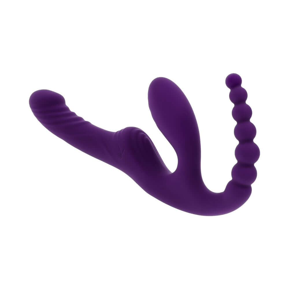 Playboy Pleasure Hug It Out Acai Massager in purple, featuring vibrator, G-spot and anal stimulation designs.