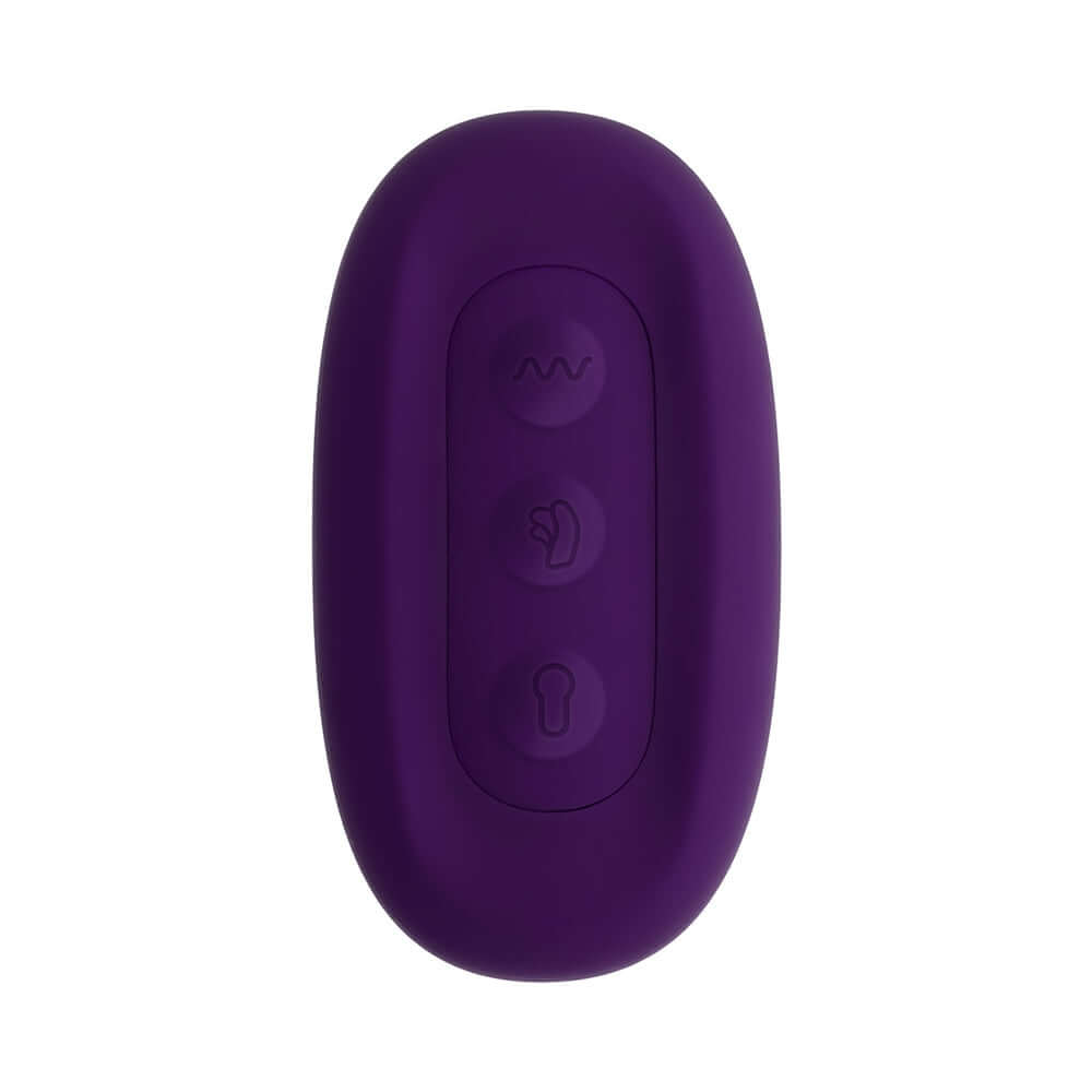 Playboy Pleasure Hug It Out Acai Massager remote control with three function buttons in a sleek purple design.