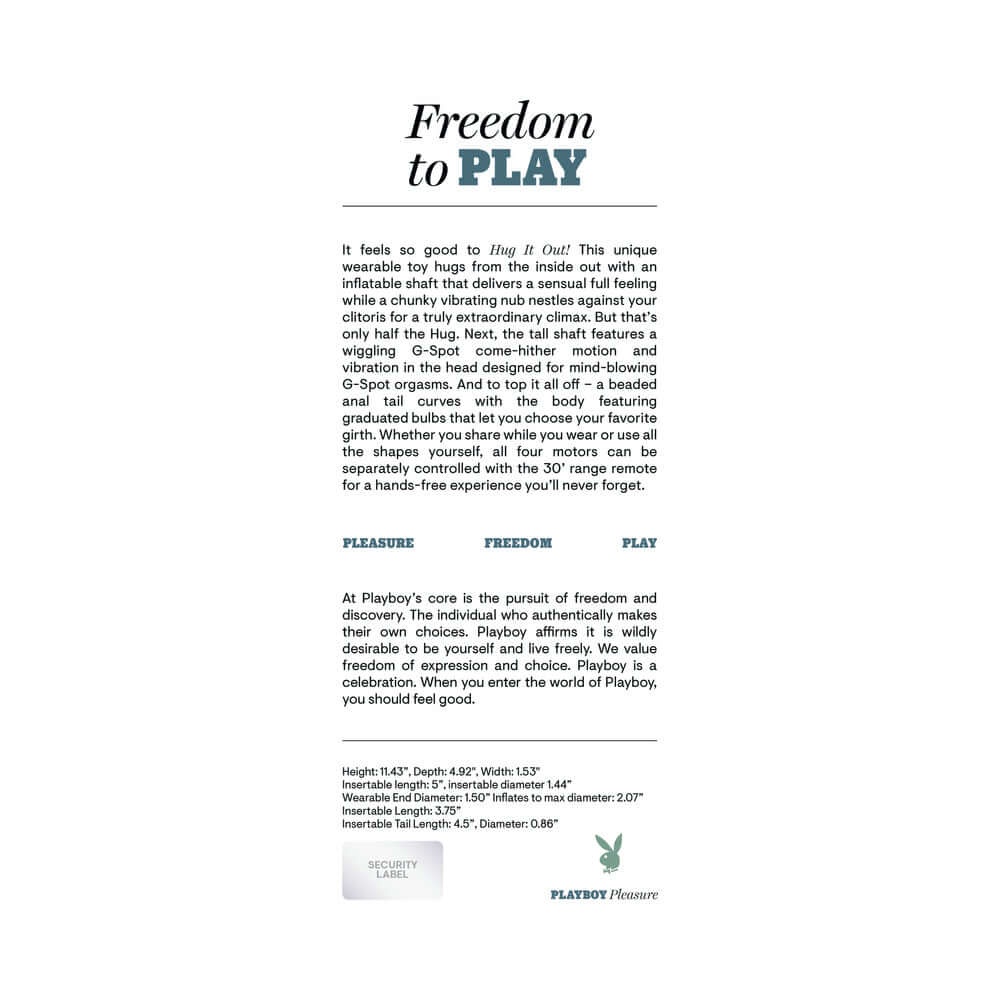 Playboy Pleasure Hug It Out Acai Massager features inflatable shaft and G-spot motion for unique stimulation.