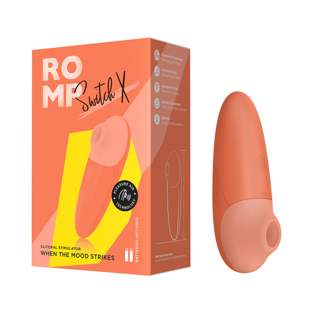 ROMP Switch X Clitoral Stimulator box and device showcasing Pleasure Air Technology for precise stimulation.