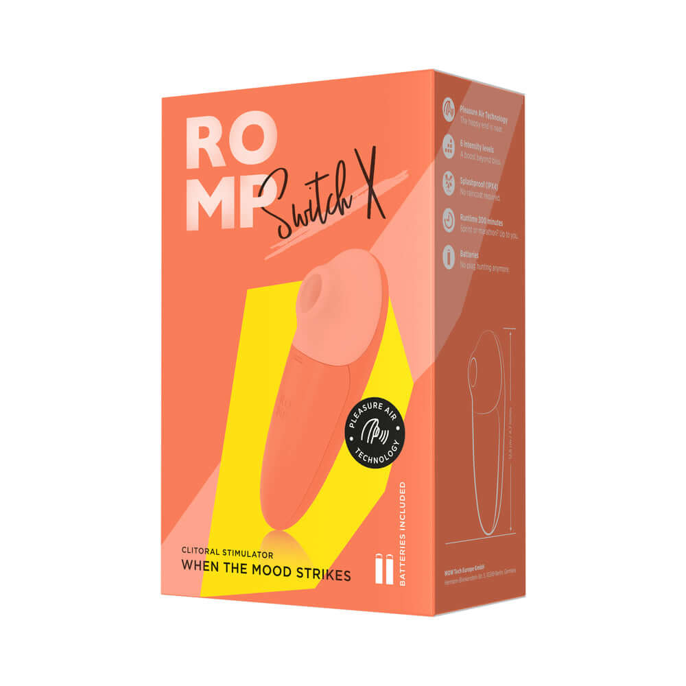 ROMP Switch X Clitoral Stimulator packaging showcasing innovative design and features for enhanced pleasure.