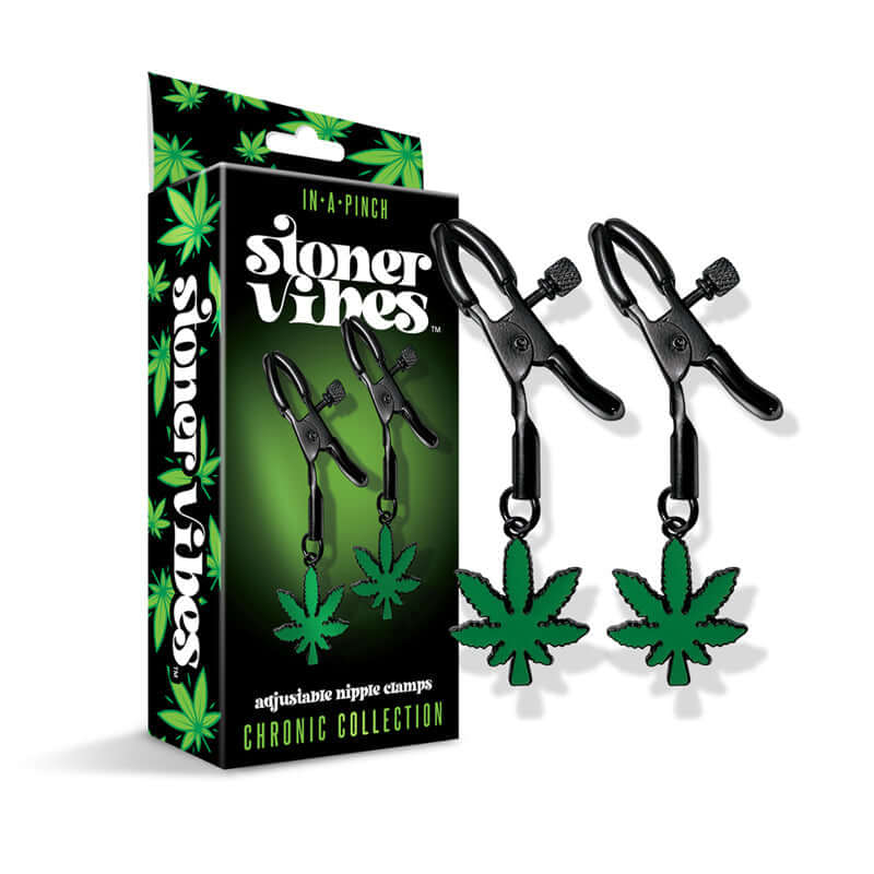 Stoner Vibes Chronic Collection Adjustable Nipple Clamps with cannabis charm and packaging.