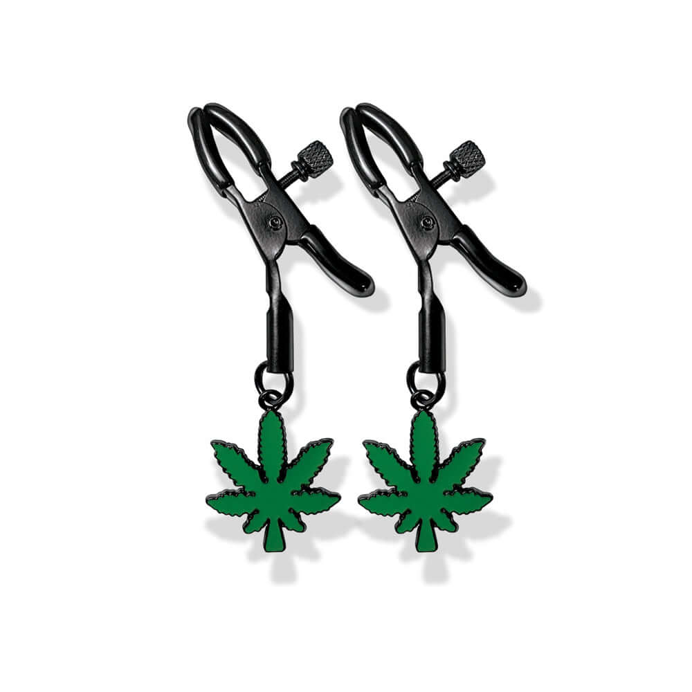 Stoner Vibes Chronic Collection Adjustable Nipple Clamps with cannabis charm dangling from each clamp.