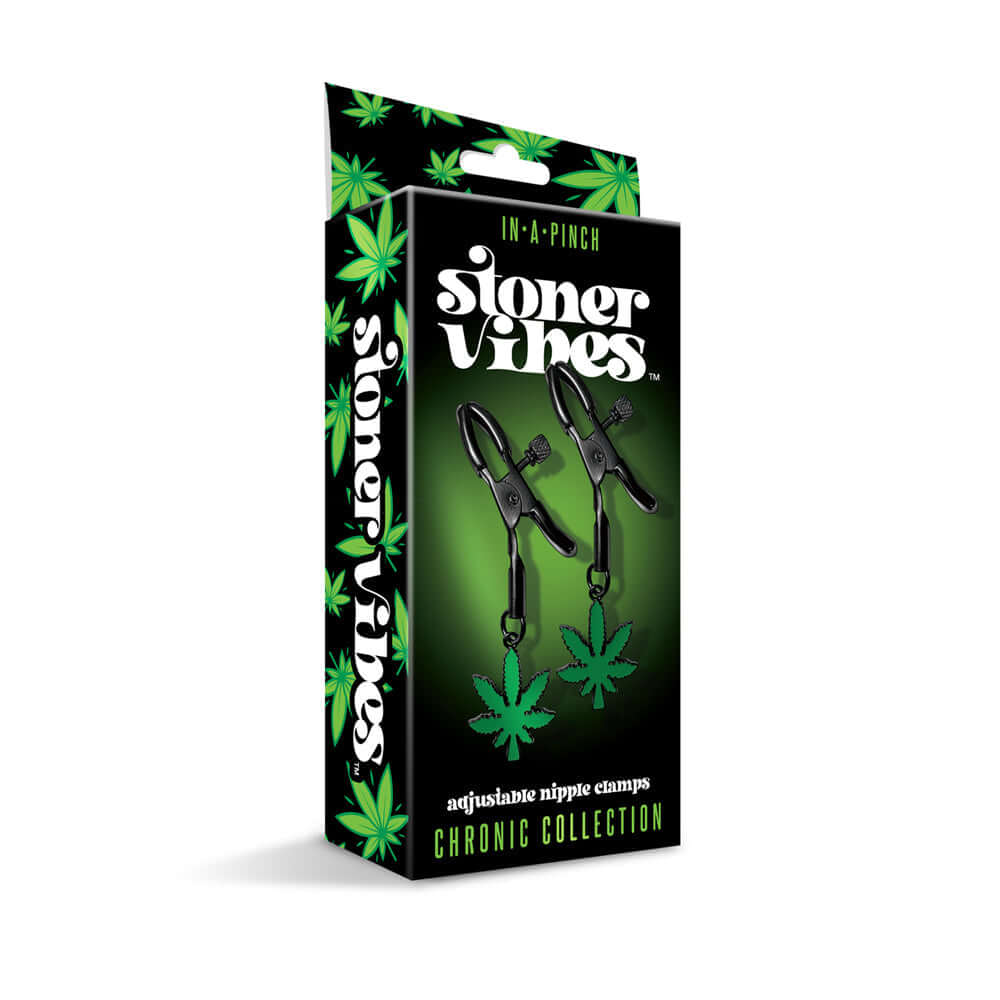 Stoner Vibes Chronic Collection Adjustable Nipple Clamps packaging featuring cannabis themes and adjustable design.