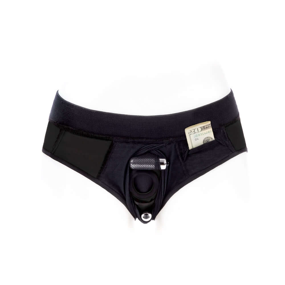 SpareParts Tomboi Cover Brief Style Underwear Harness Black 4XL featuring sleek design and storage pocket.
