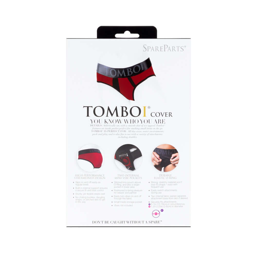 SpareParts Tomboi Cover Brief Style Underwear Harness Red 4XL packaging with product details and features.
