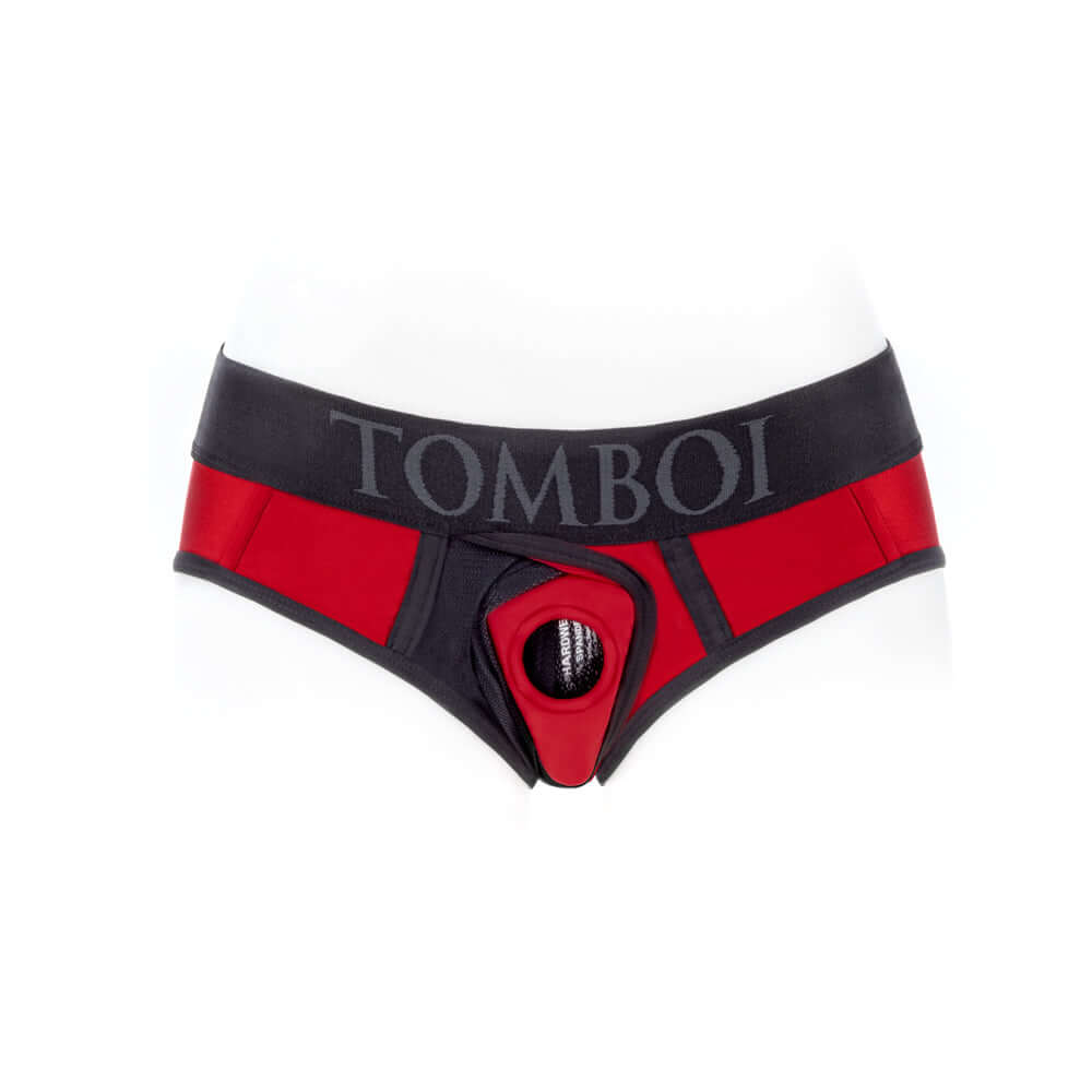 SpareParts Tomboi Cover Brief Style Underwear Harness Red 5XL front view, showcasing ergonomic design and sporty colors.
