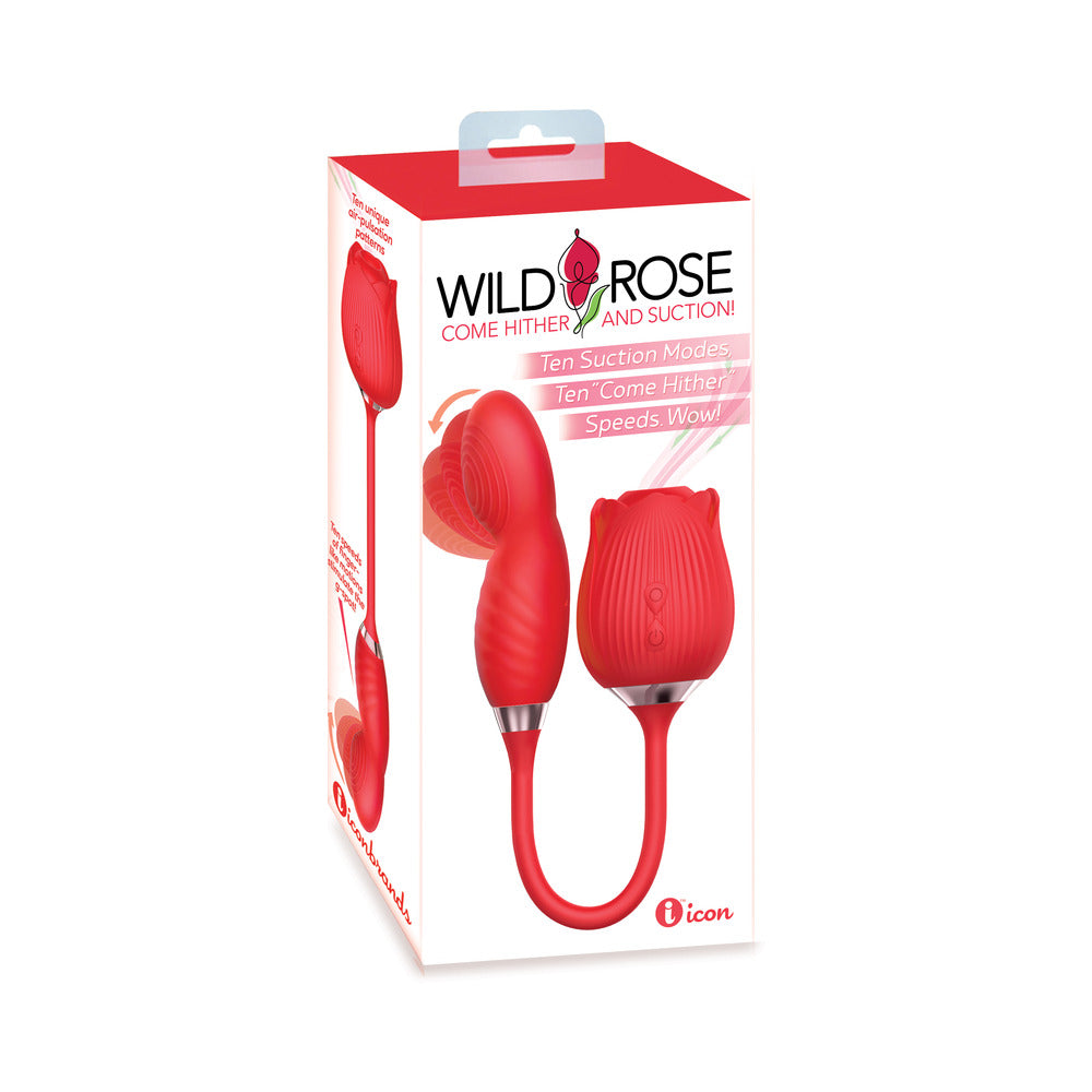 Wild Rose Come Hither and Suction Vibe packaging featuring suction and come-hither functionalities.