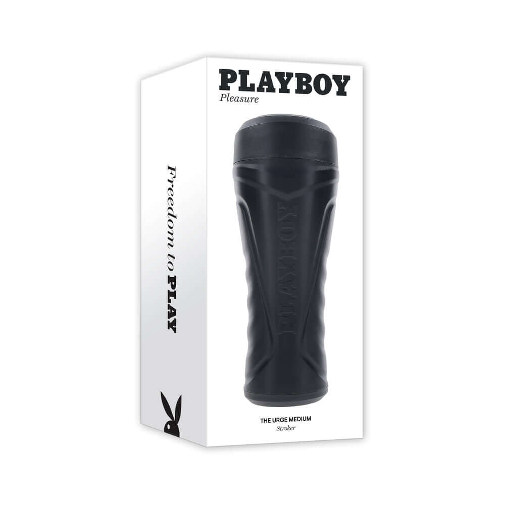 Playboy The Urge Medium Stroker Non Vibrating TPE Black packaging with ergonomic design for optimal comfort.
