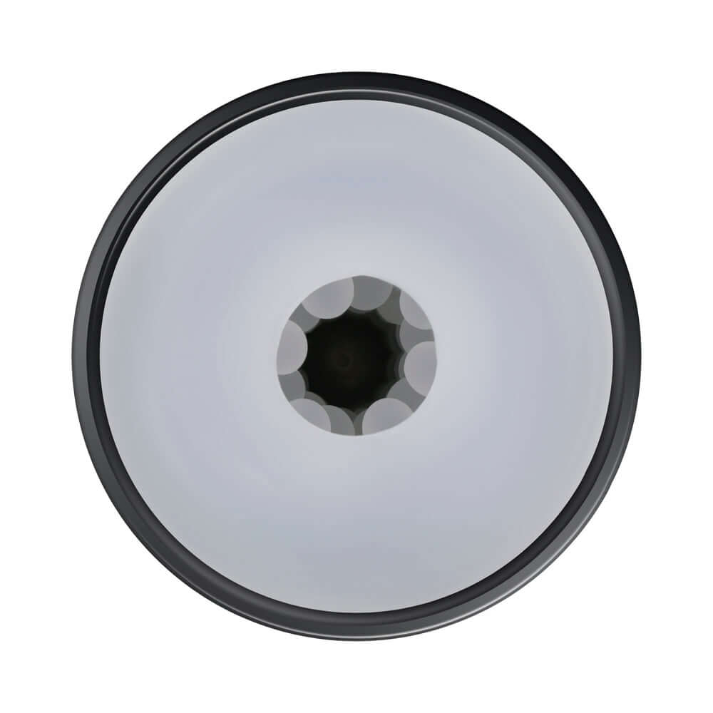 Top view of a round LED light with a black rim and a reflective center, designed for optimal illumination.