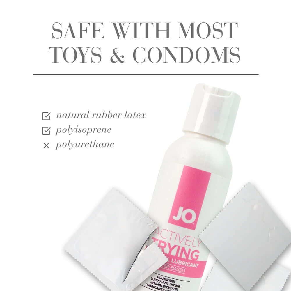 JO Actively Trying Paraben-Free Water-Based Lubricant 4 Oz with toys and condoms safe information