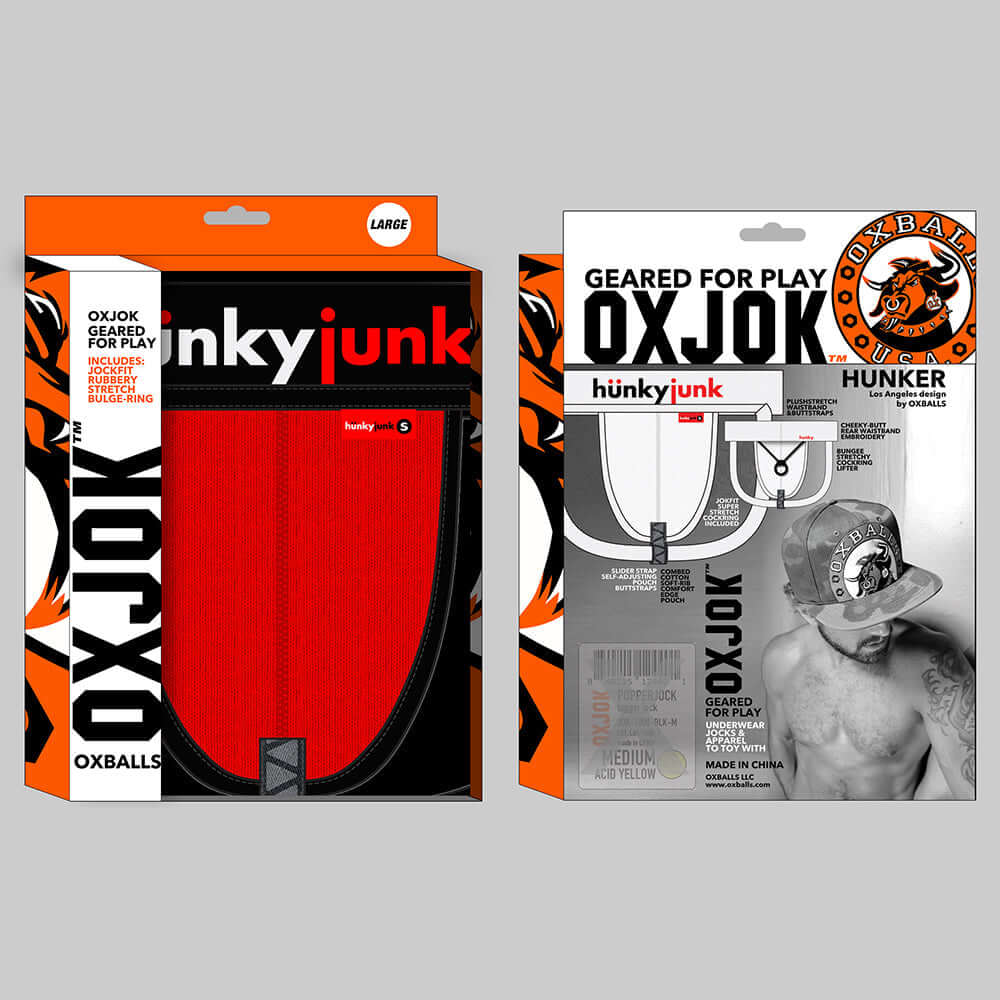 Oxballs Oxjok Hunker Comfy-Pouch Slider-Strap Jock Red 2XL product packaging display on a gray background.