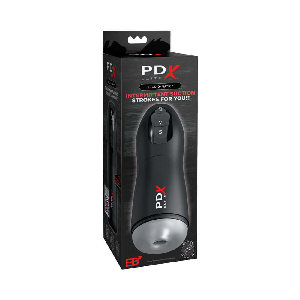 PDX Elite Suck-O-Matic Rechargeable Masturbator packaging with controls for suction and vibration settings.