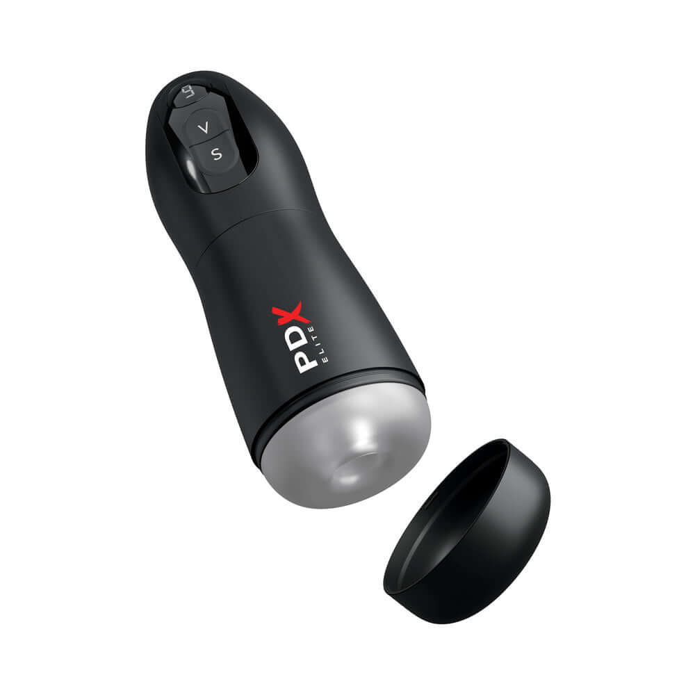 PDX Elite Suck-O-Matic Rechargeable Masturbator shown from the side with removable cap.