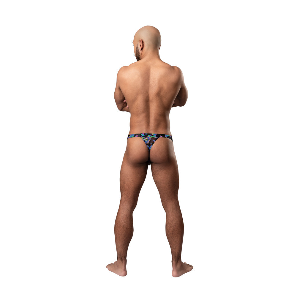 Male Power Hazy Dayz Micro Thong Mushrooms S/M showcased from the back on a model, displaying vibrant mushroom print.