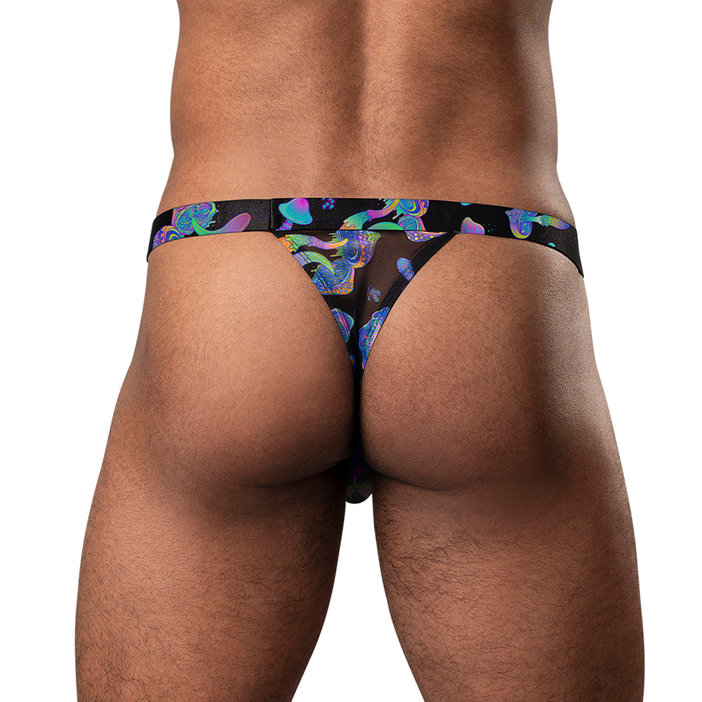 Male Power Hazy Dayz Micro Thong Mushrooms S/M featuring vivid mushroom print on sheer mesh fabric.