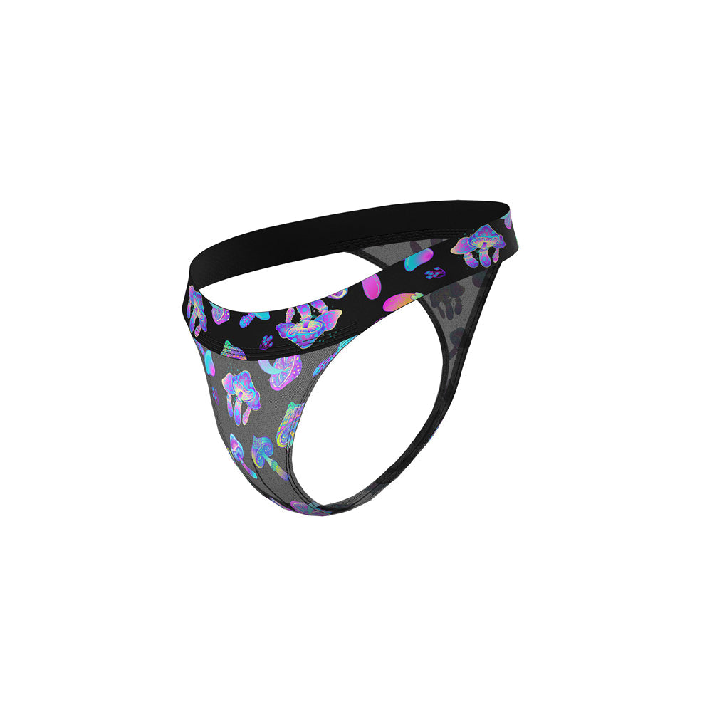 Male Power Hazy Dayz Micro Thong Mushrooms L/XL featuring bright mushroom graphics on sheer black mesh.