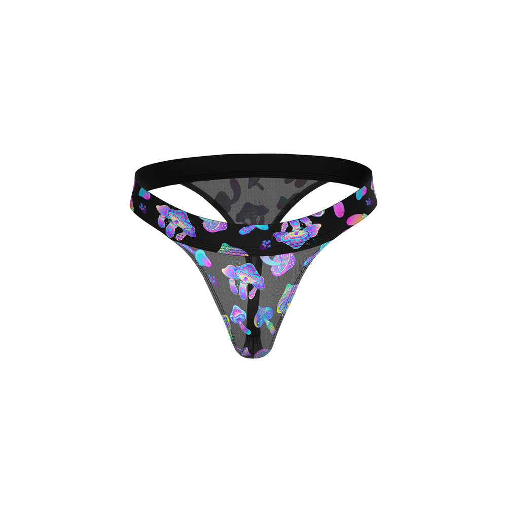 Male Power Hazy Dayz Micro Thong Mushrooms L/XL featuring playful mushroom graphics on sheer mesh.
