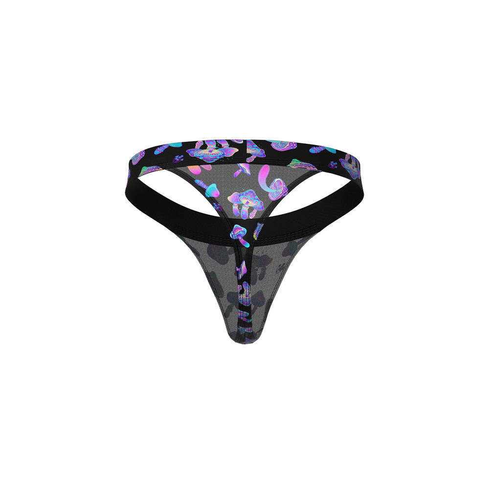 Male Power Hazy Dayz Micro Thong Mushrooms L/XL with colorful mushroom graphics on a black sheer mesh background.