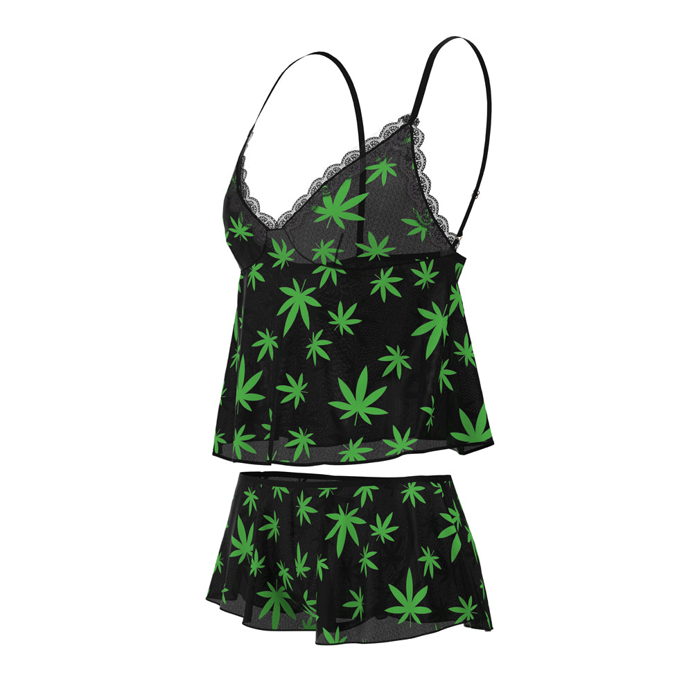 Magic Silk Hazy Dayz Cami & Short Set Pot Leaf L XL in black with green pot leaf print, featuring a cami and matching shorts.