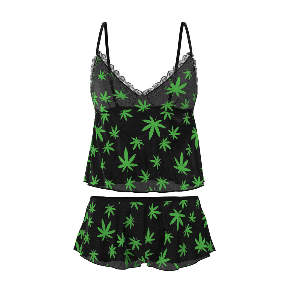 Magic Silk Hazy Dayz Cami & Short Set Pot Leaf L XL in black with neon green pot leaf pattern.