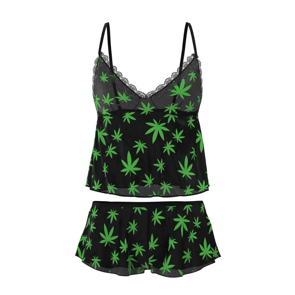 Magic Silk Hazy Dayz Cami & Short Set Pot Leaf L XL in black with neon green pot leaf pattern.