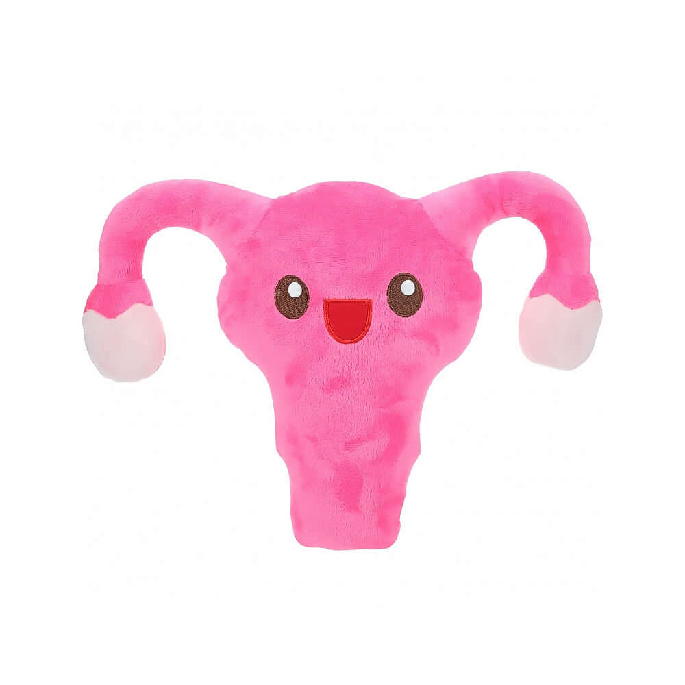 Shots Happy Uterus Cuterus Stuffy Pink plush toy with a cute smiling face in bright pink color.