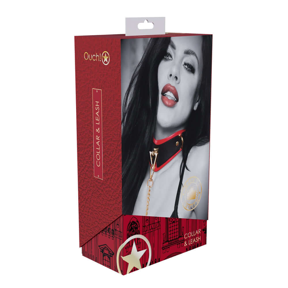 Ouch International Milan Collection Collar with Leash packaging featuring stylish design and model.