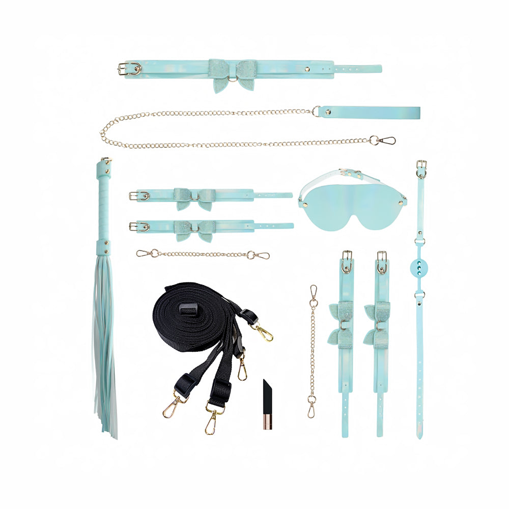 Ouch International Paris Collection Kit with Bag Blue, featuring stylish bondage accessories in iridescent blue.