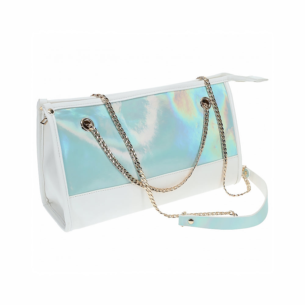 Ouch International Paris Collection Kit with Bag Blue, iridescent handbag with chain strap, luxury bondage set.