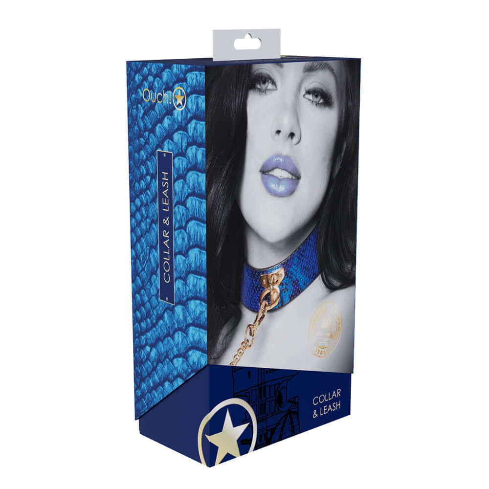 Ouch International Florence Collection Collar with Leash Blue packaging featuring a stylish design and model.