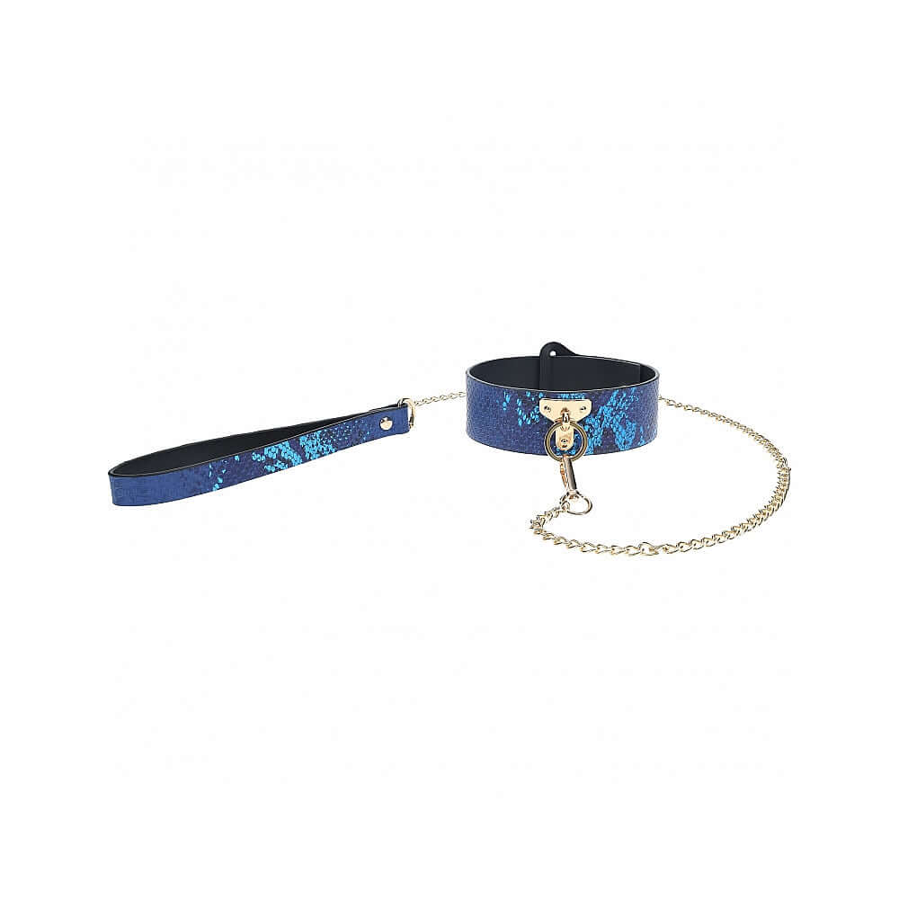 Ouch International Florence Collection Collar with Leash Blue, stylish pet accessory featuring a blue design and gold chain.