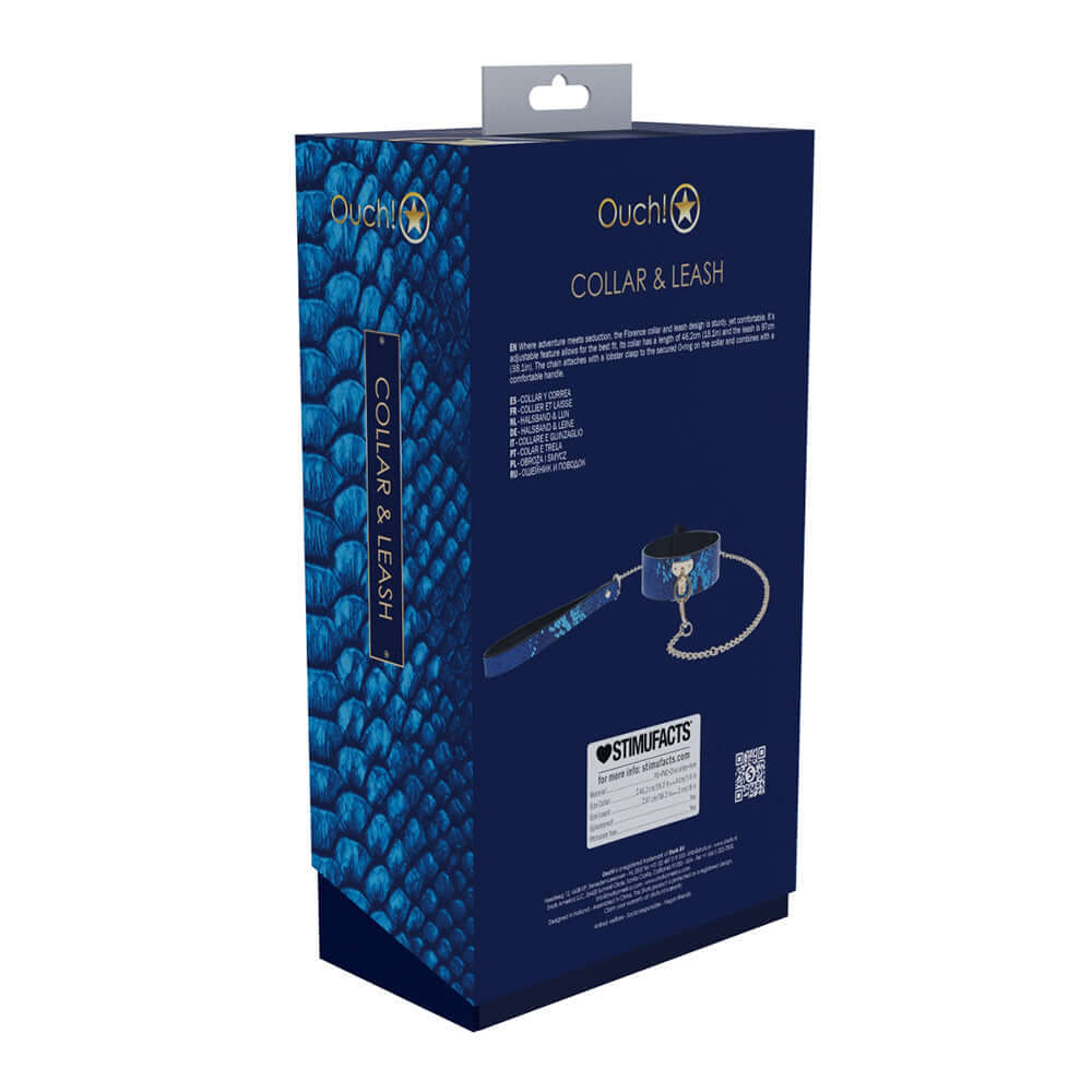 Ouch International Florence Collection Collar with Leash Blue packaging showing stylish design and attached leash.