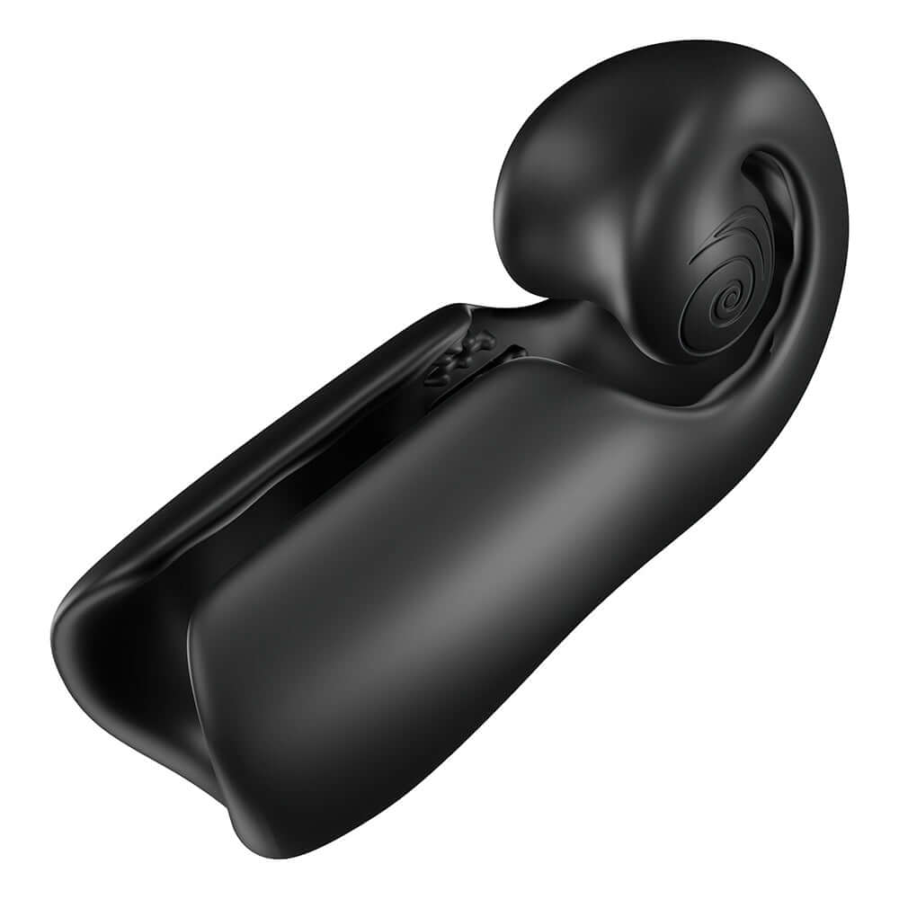 Snail Vibe SVibe Evo Rechargeable Masturbator Black showcasing its sleek unrolling design and modern aesthetic.