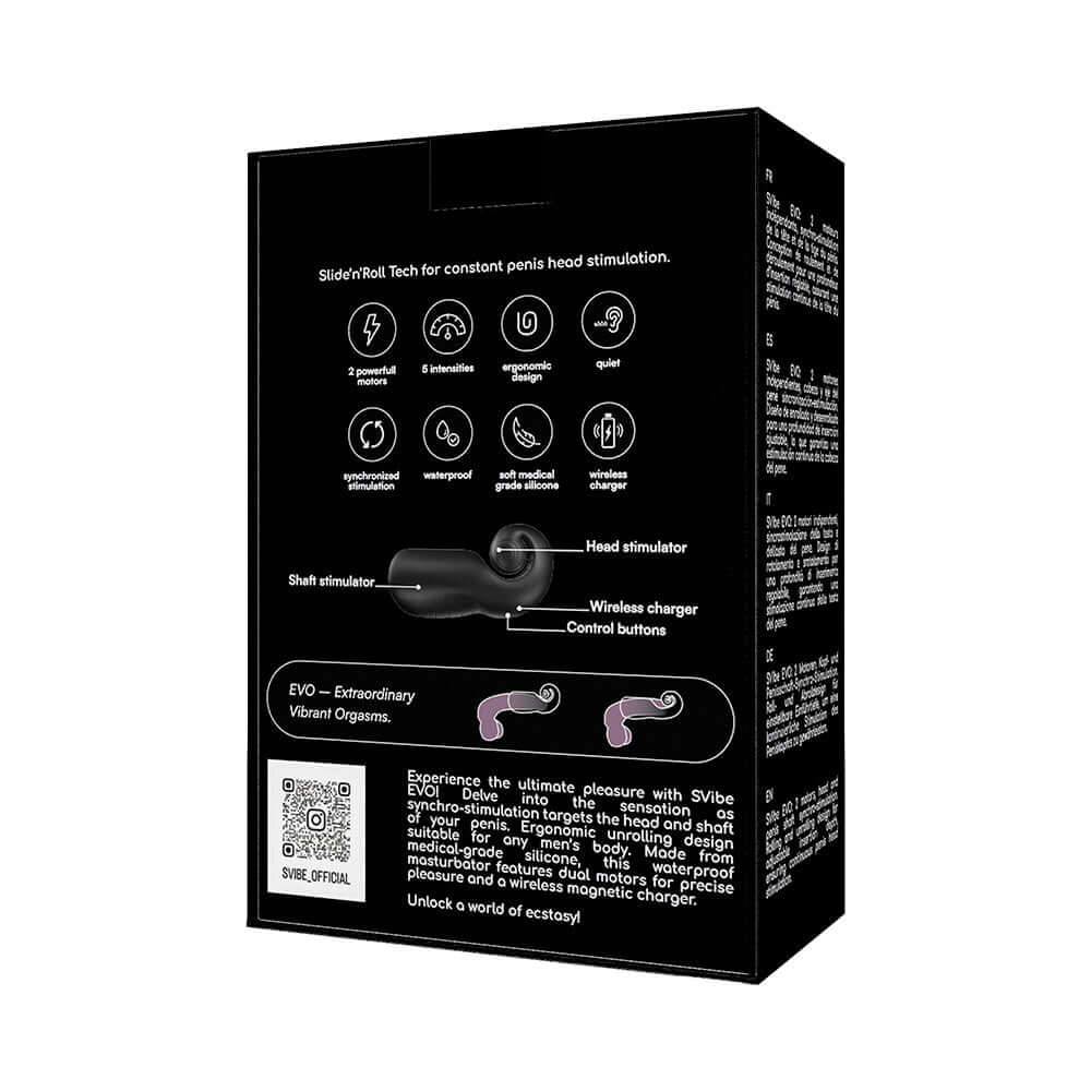 Snail Vibe SVibe Evo Rechargeable Masturbator Black packaging showing features and instructions for use.